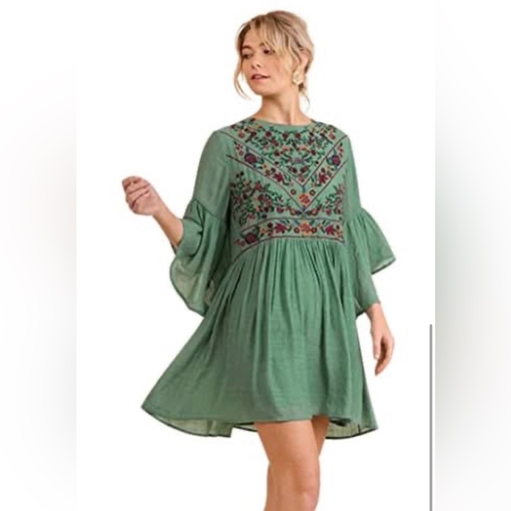 Umgee Embroidered Green Boho Swing Dress